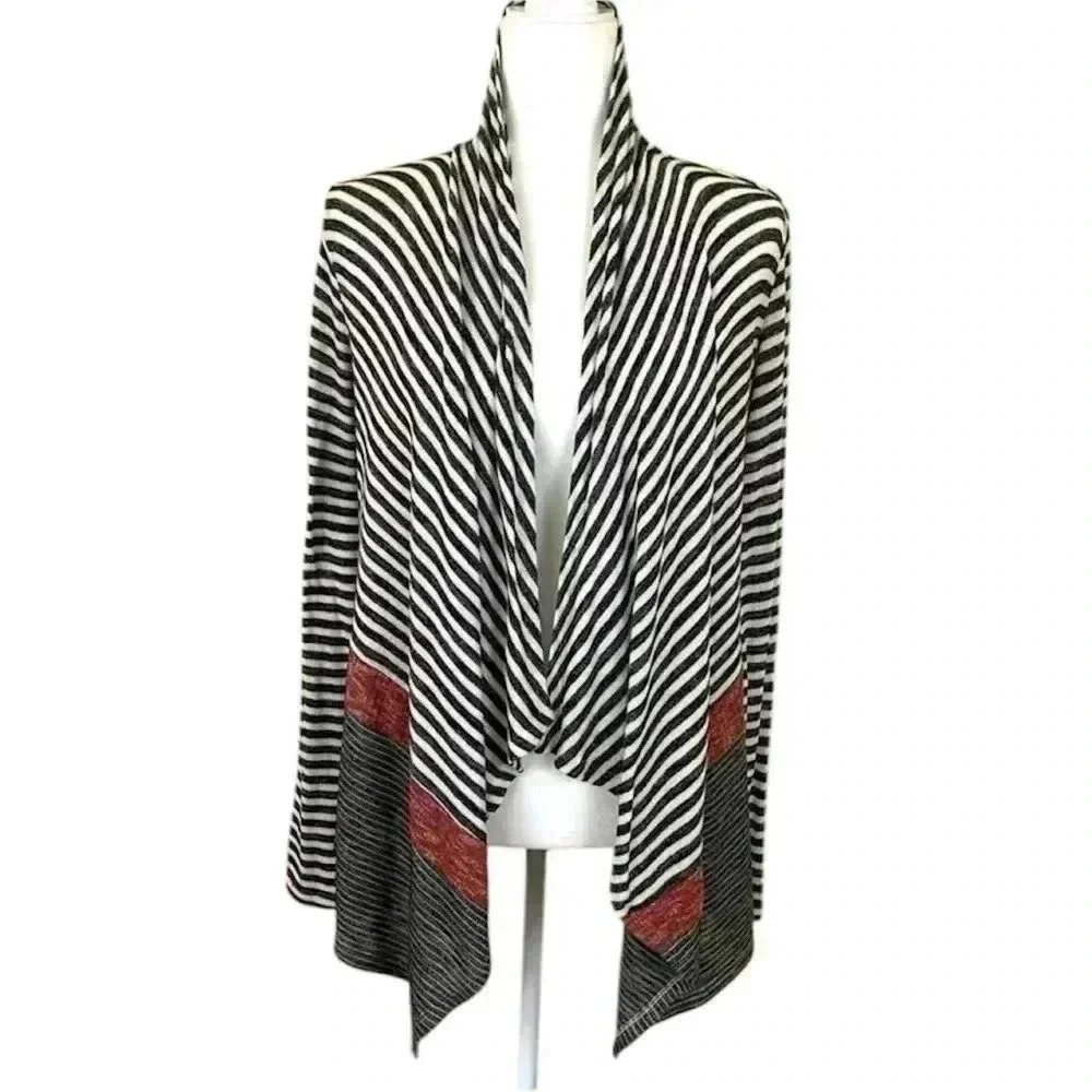 Hem & Thread Gray/White Striped Open Front Cotton/Rayon Waterfall Cardigan SizeM